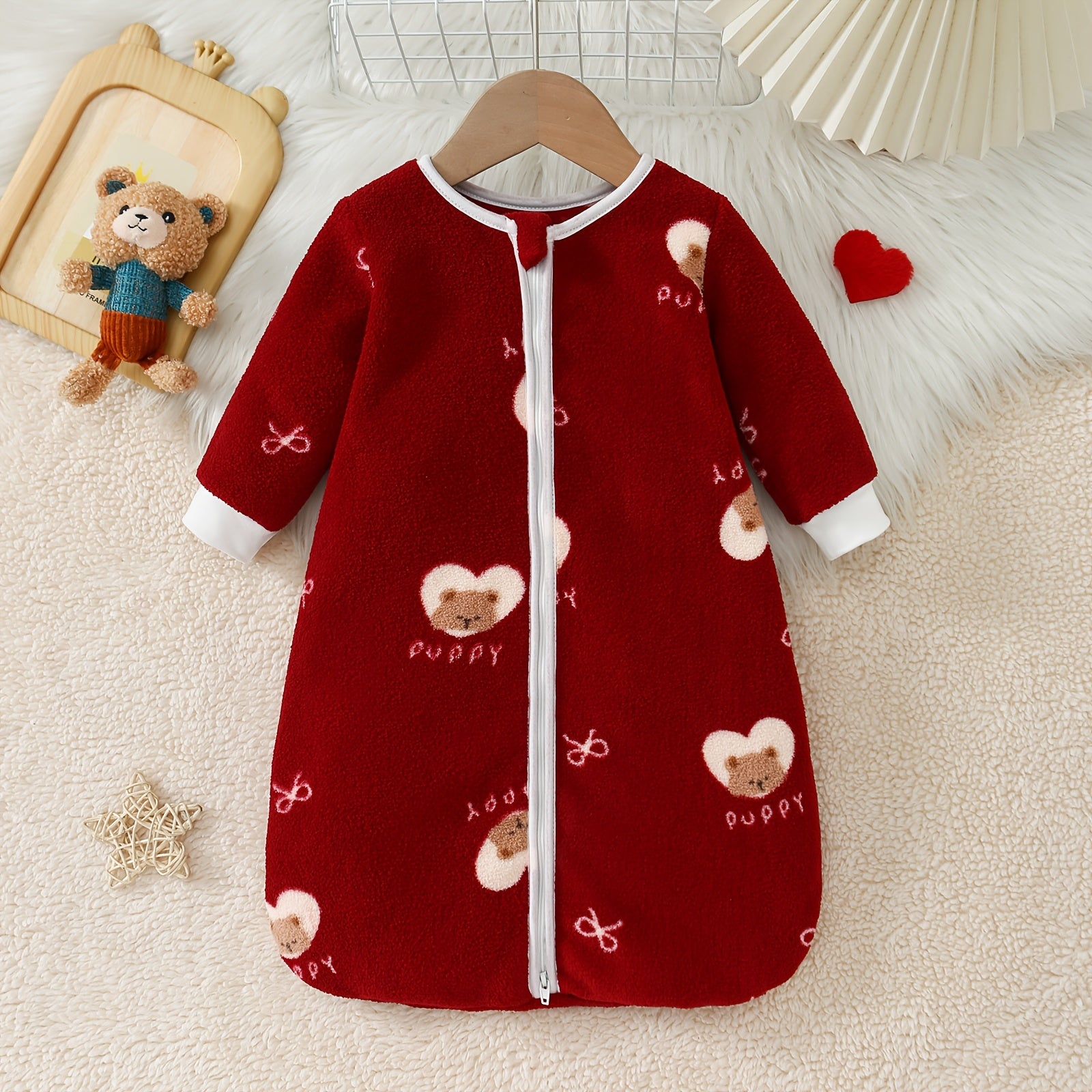 Baby Heart Bear Long Sleeve Flannel Sleep Sack with Two-Way Hidden Zipper - Kick-Proof, Warm And Soft for Autumn And Winter