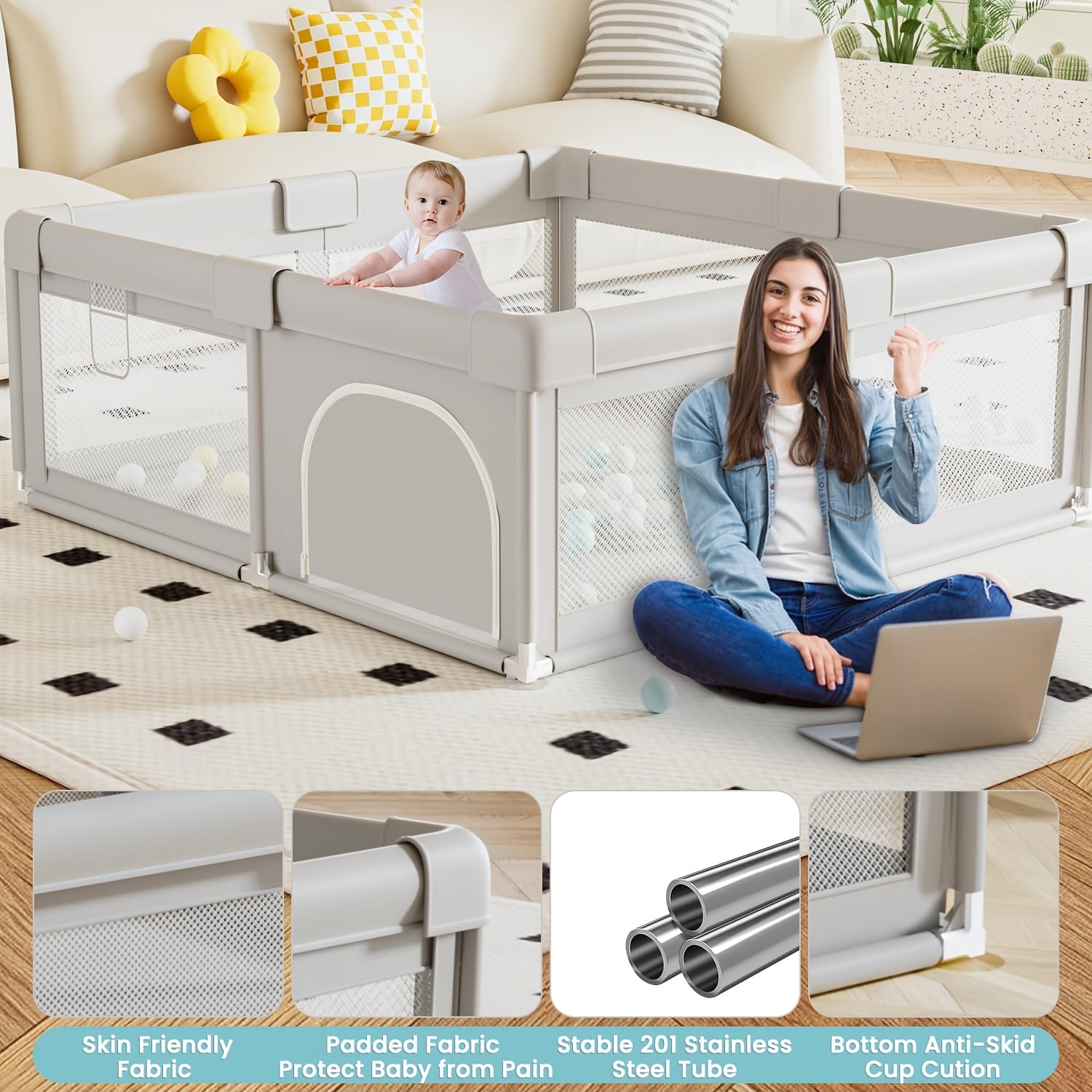 Large Size Kids Playpen With Suction Cups | Thickened Sturdy Steel Tube, Anti-Climb Design & Zipper Door, Indoor Outdoor Use, Perfect Birthday & Holiday Gift, 71.2×71.2\u002F71.2×47\u002F47×47 Inch, Grey & Colors, Modern Crib Style By