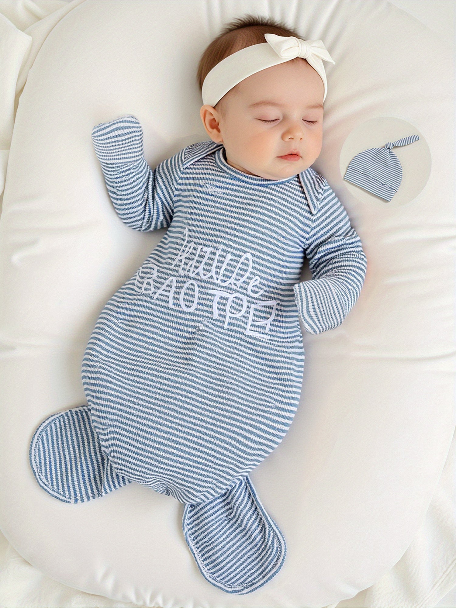 Set of 2 Striped Sleeping Bags for Newborns, Featuring Embroidered Letters And Long Sleeves, Complete with a Knotted Hat