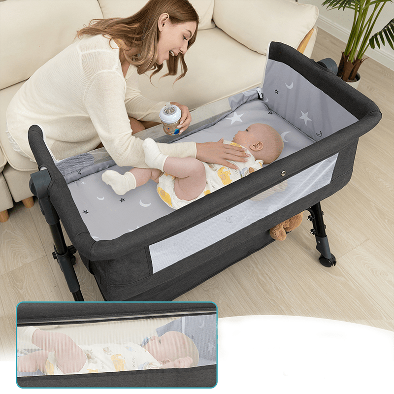 3-in-1 Crib-Side Bassinet with Wheels, Baby Christening Gift Height-adjustable crib-side bassinet featuring lockable wheels and mosquito net, with large storage bag included. Product weight: 17.61 lbs. Maximum infant weight capacity: 33 lbs.