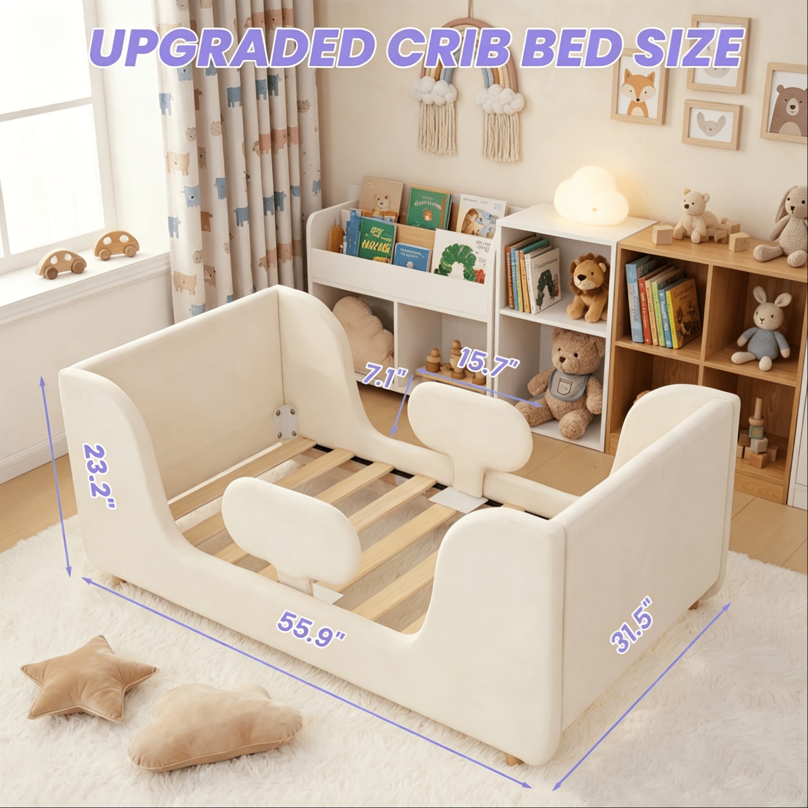 LILYPELLE Toddler Velvet Floor Bed, Child Bed for Kids with Extra Broad, Crib Size Toddler Bed, Velvet Bed Frame, Mat Is Not Included