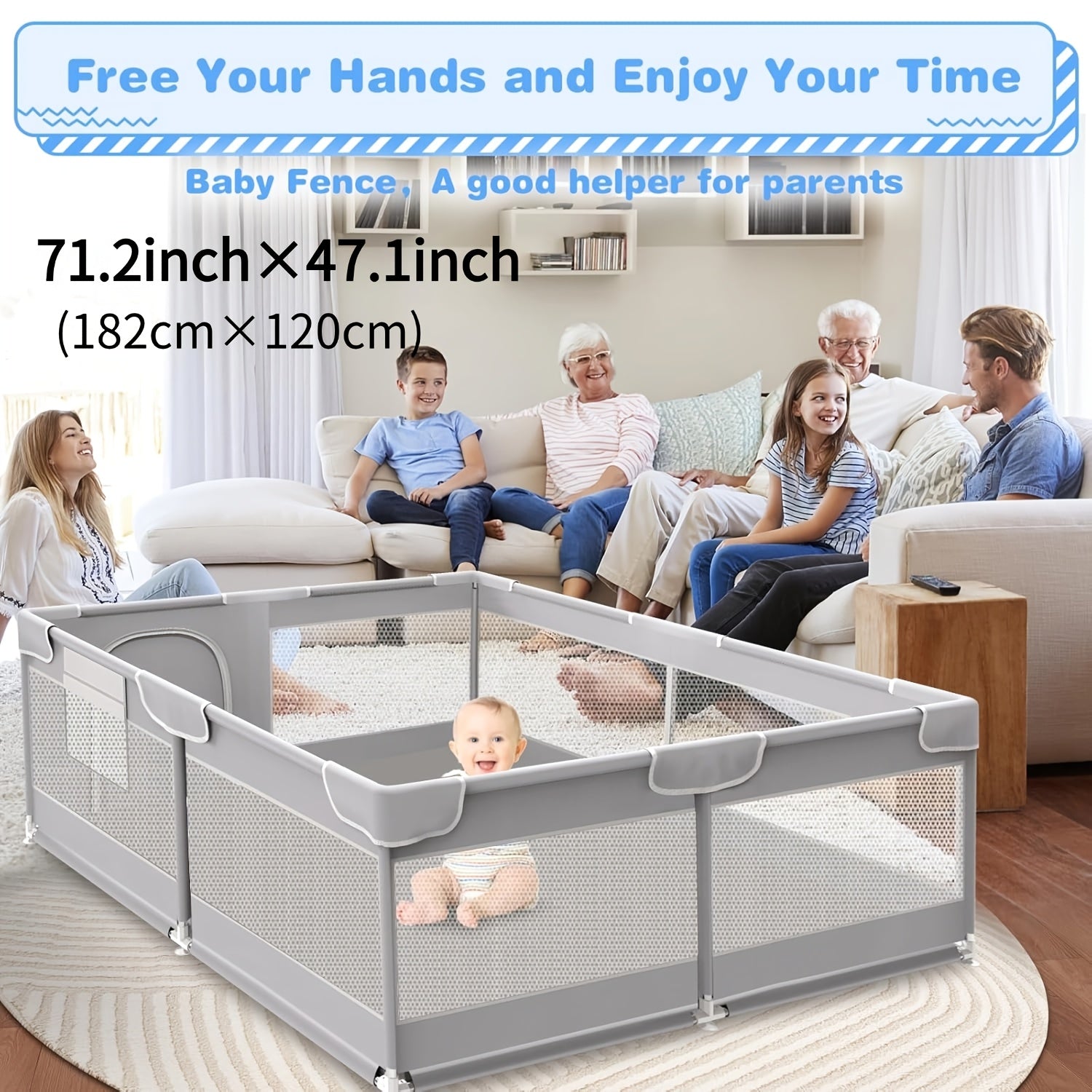 Large Size Kids Playpen With Suction Cups | Thickened Sturdy Steel Tube, Anti-Climb Design & Zipper Door, Indoor Outdoor Use, Perfect Birthday & Holiday Gift, 71.2×71.2\u002F71.2×47\u002F47×47 Inch, Grey & Colors, Modern Crib Style By