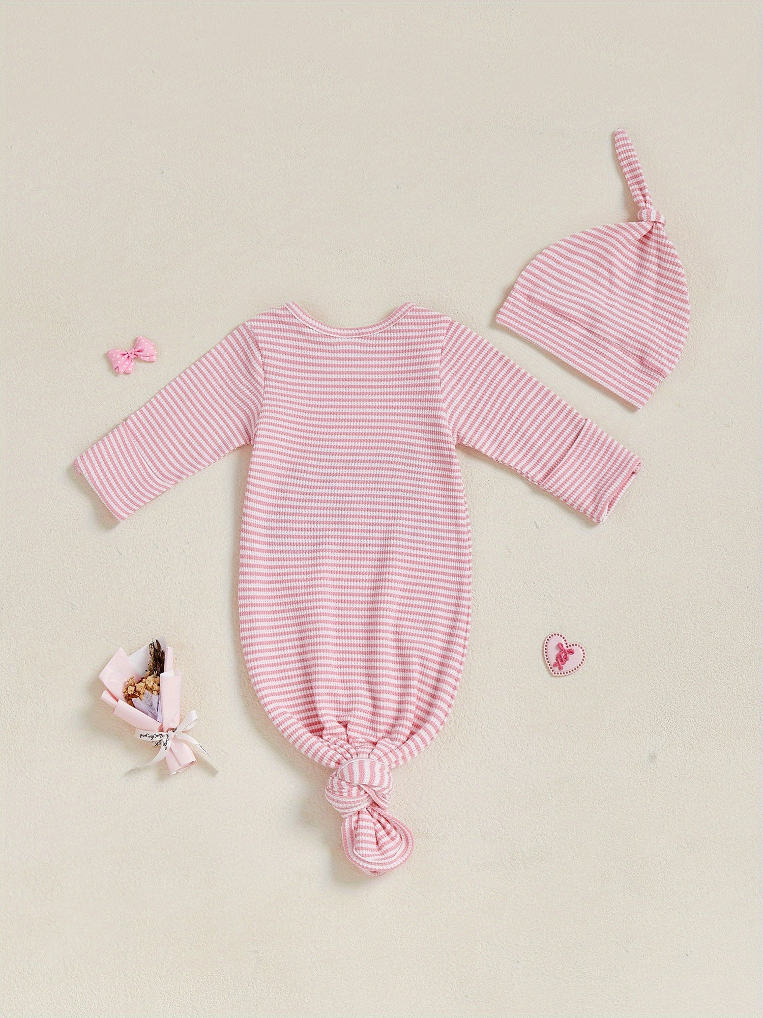 Set of 2 Striped Sleeping Bags for Newborns, Featuring Embroidered Letters And Long Sleeves, Complete with a Knotted Hat