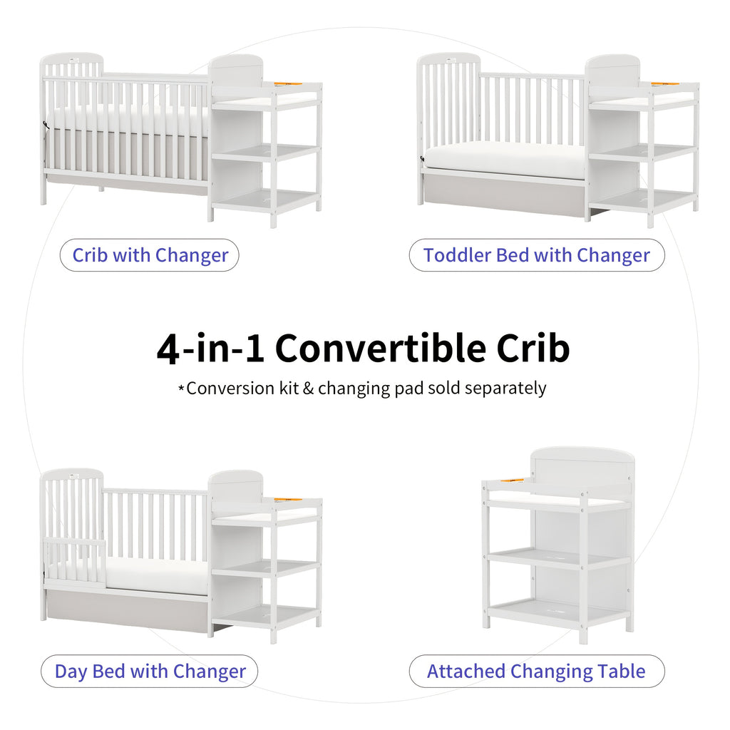 Goldzone 4-in-1 Convertible Baby Crib, Wooden Baby Stuffs Converts Into Toddler Bed with Changing Table, Newborn Essential Items Full Size Nursery Decor Cribs, Adjustable Heights, Item Weight: 56lbs, Maximum Weight Recommendation: 50lbs