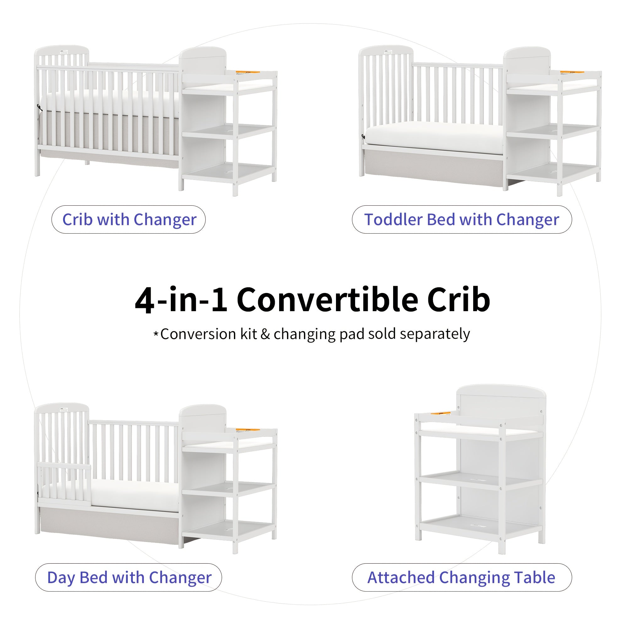 Goldzone 4-in-1 Convertible Baby Crib, Wooden Baby Stuffs Converts Into Toddler Bed with Changing Table, Newborn Essential Items Full Size Nursery Decor Cribs, Adjustable Heights, Item Weight: 56lbs, Maximum Weight Recommendation: 50lbs
