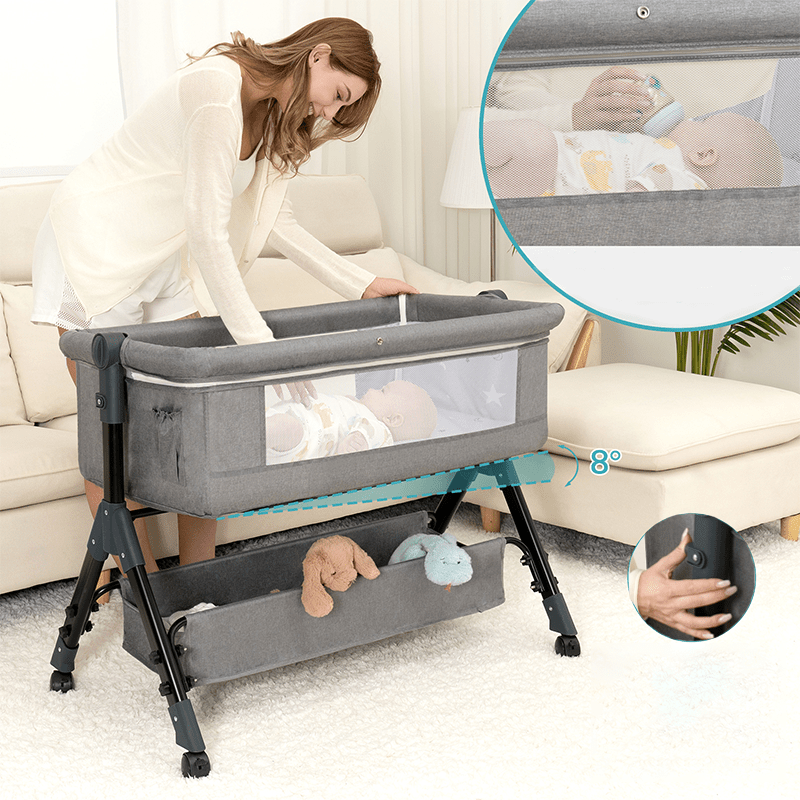 3-in-1 Crib-Side Bassinet with Wheels, Baby Christening Gift Height-adjustable crib-side bassinet featuring lockable wheels and mosquito net, with large storage bag included. Product weight: 17.61 lbs. Maximum infant weight capacity: 33 lbs.
