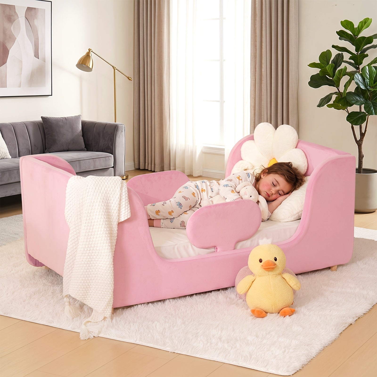 LILYPELLE Toddler Velvet Floor Bed, Child Bed for Kids with Extra Broad, Crib Size Toddler Bed, Velvet Bed Frame, Mat Is Not Included