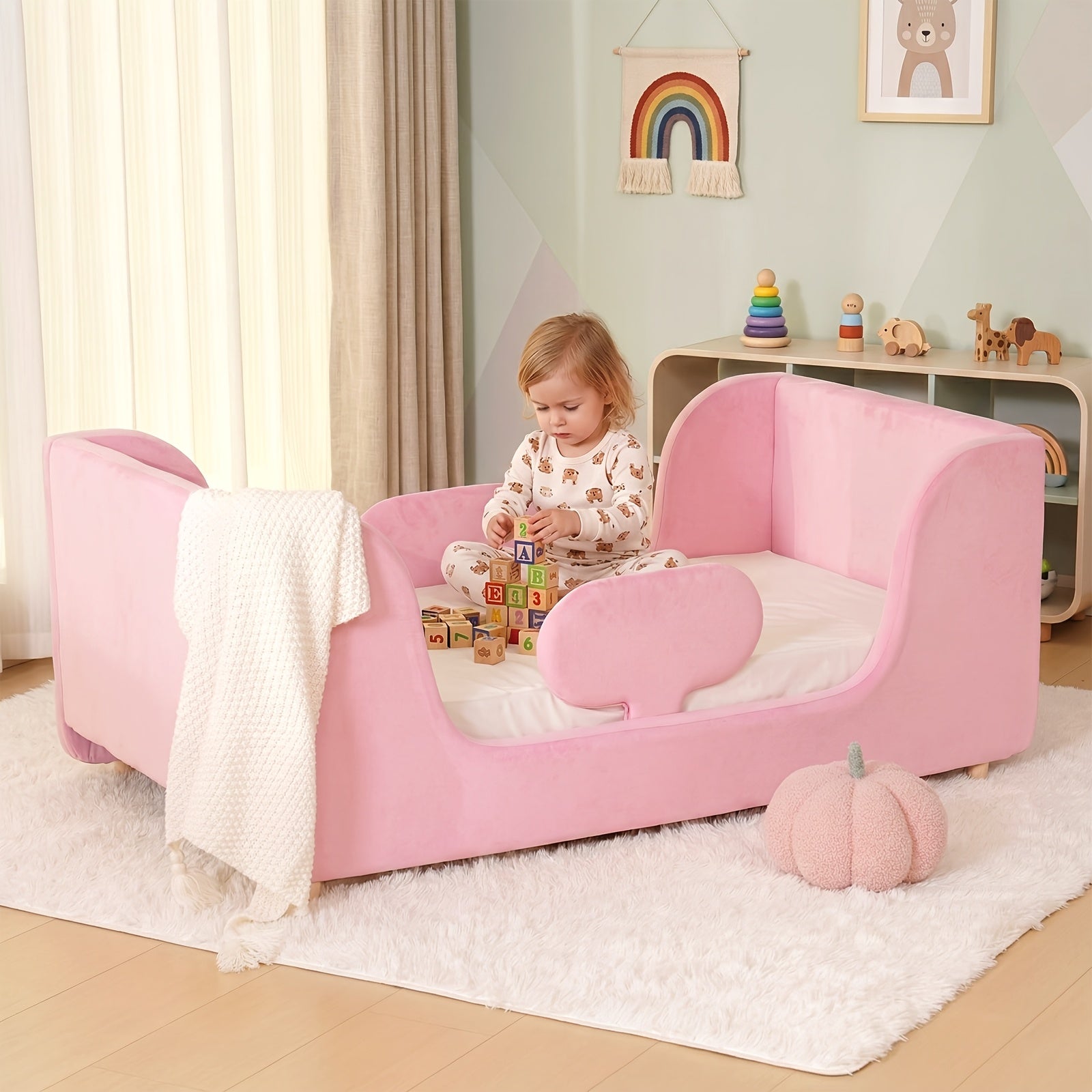 LILYPELLE Toddler Velvet Floor Bed, Child Bed for Kids with Extra Broad, Crib Size Toddler Bed, Velvet Bed Frame, Mat Is Not Included