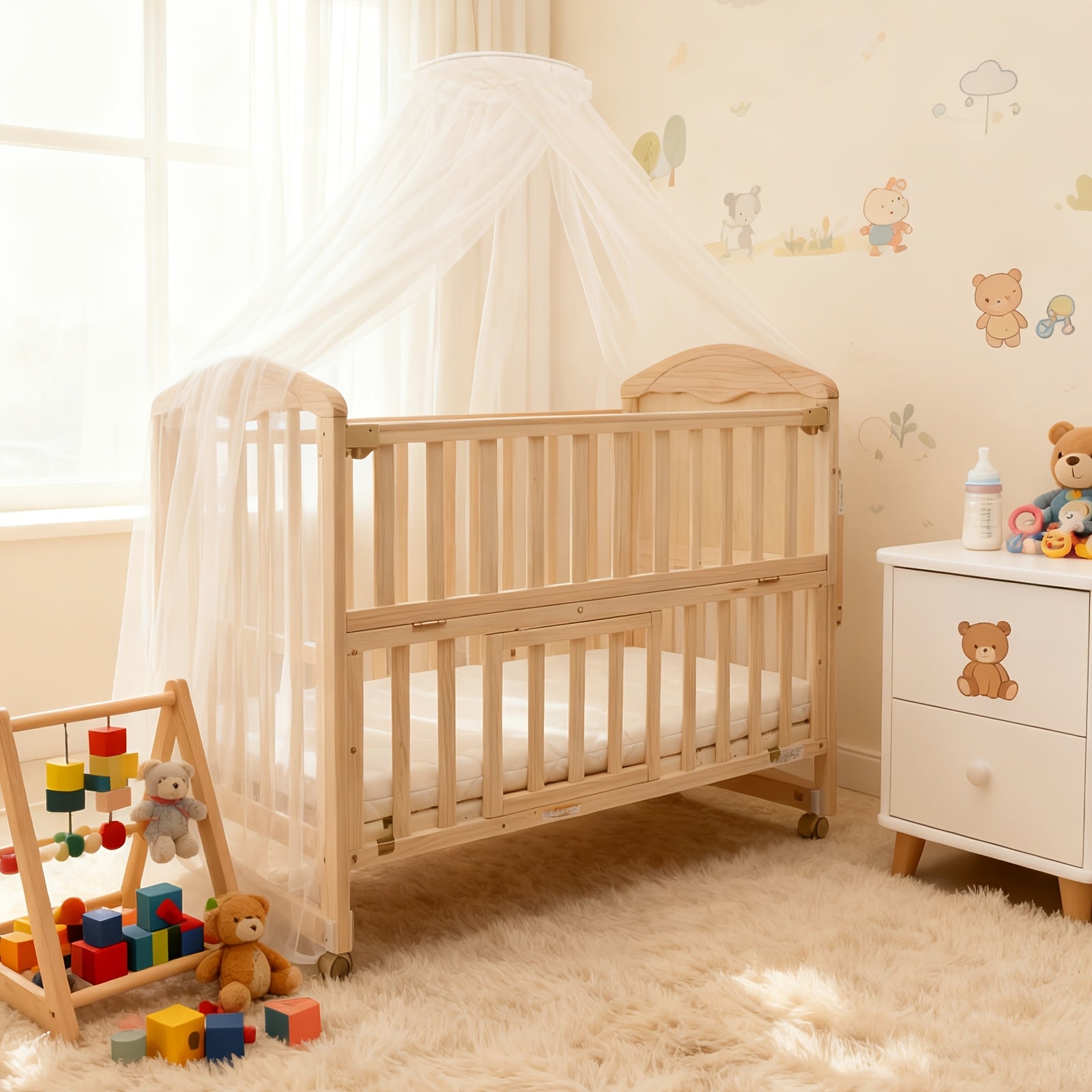 4-in-1 Convertible Non Full Size Baby Crib With Mattress And Dome Mosquito Net, Three Adjustable Height Bed Board, Movable Roller Design, Spacious Storage Space Under The Baby Crib, Product Weight: 41Lbs, Maximum Weight Recommendation: 33.1 Lbs