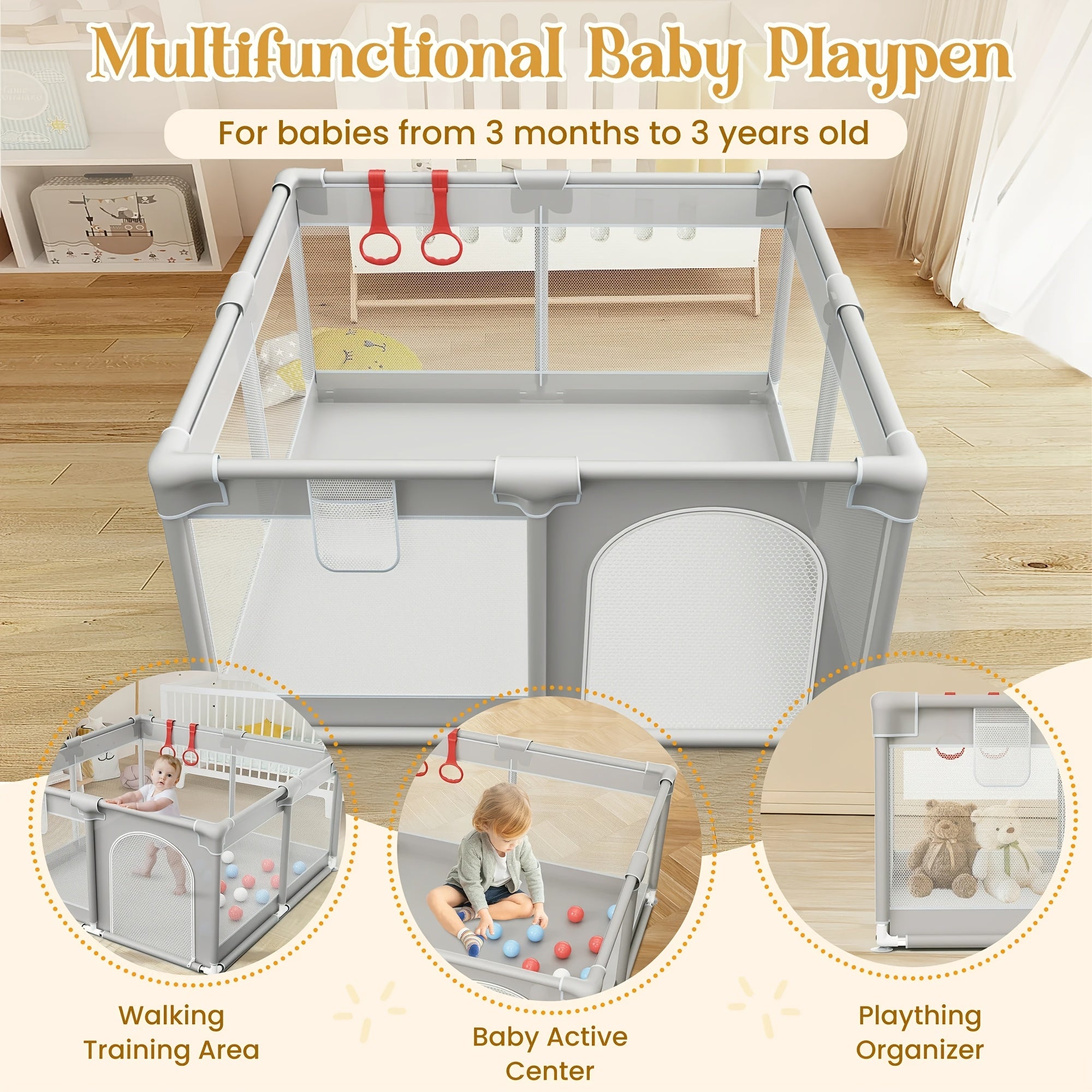 Large Size Kids Playpen With Suction Cups | Thickened Sturdy Steel Tube, Anti-Climb Design & Zipper Door, Indoor Outdoor Use, Perfect Birthday & Holiday Gift, 71.2×71.2\u002F71.2×47\u002F47×47 Inch, Grey & Colors, Modern Crib Style By