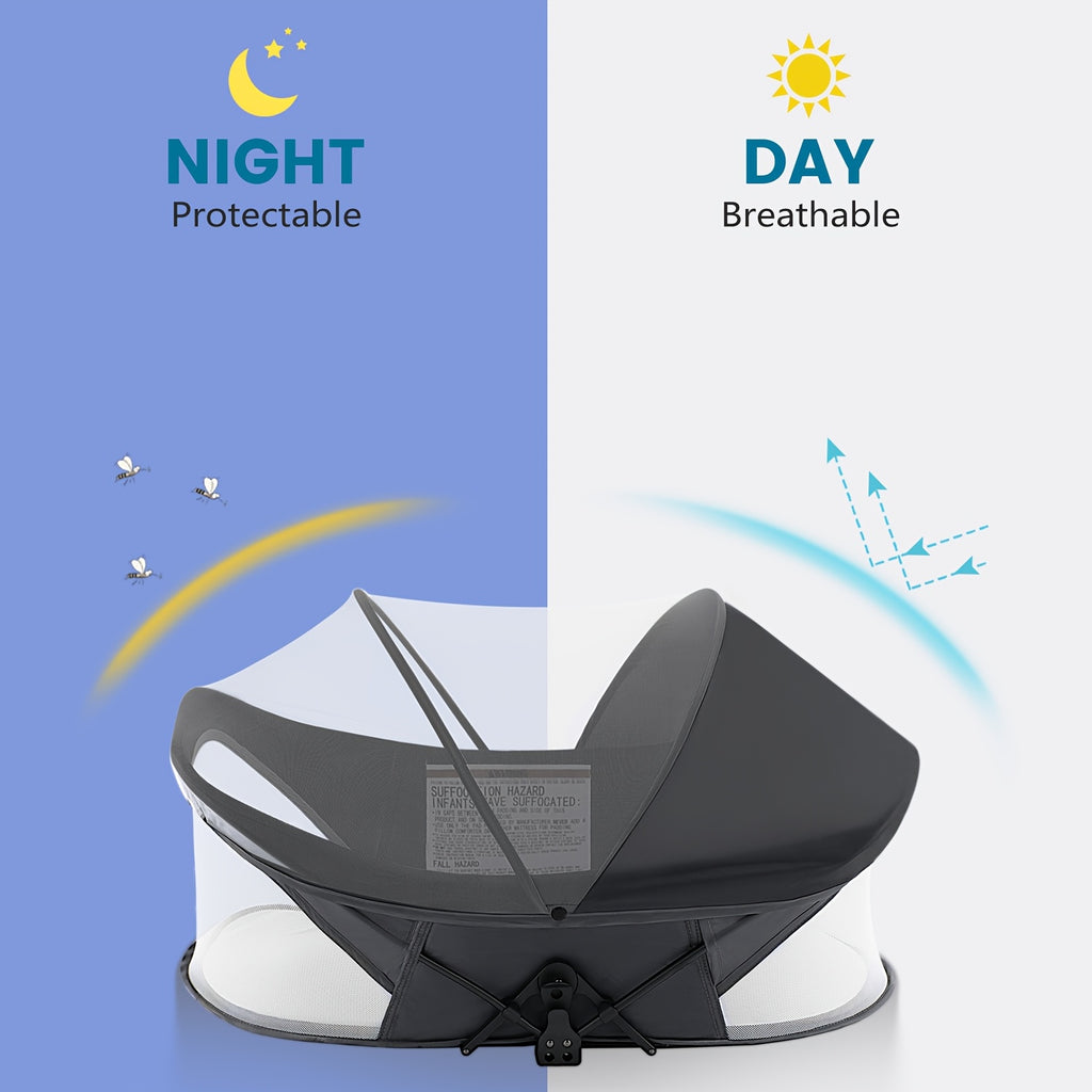 Portable Baby Travel Pod, Easy to Fold Baby Nest for Camping, Lightweight And Washable, Includes Mosquito Net And Sunshade Canopy, Travel Crib in Dark Gray
