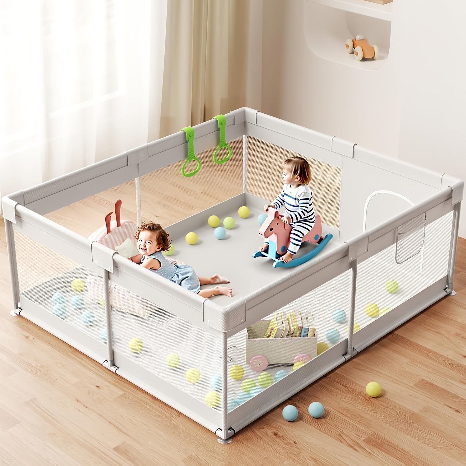Large Size Kids Playpen With Suction Cups | Thickened Sturdy Steel Tube, Anti-Climb Design & Zipper Door, Indoor Outdoor Use, Perfect Birthday & Holiday Gift, 71.2×71.2\u002F71.2×47\u002F47×47 Inch, Grey & Colors, Modern Crib Style By