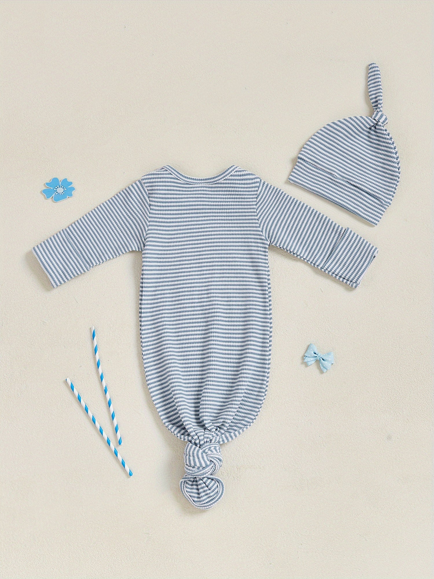 Set of 2 Striped Sleeping Bags for Newborns, Featuring Embroidered Letters And Long Sleeves, Complete with a Knotted Hat