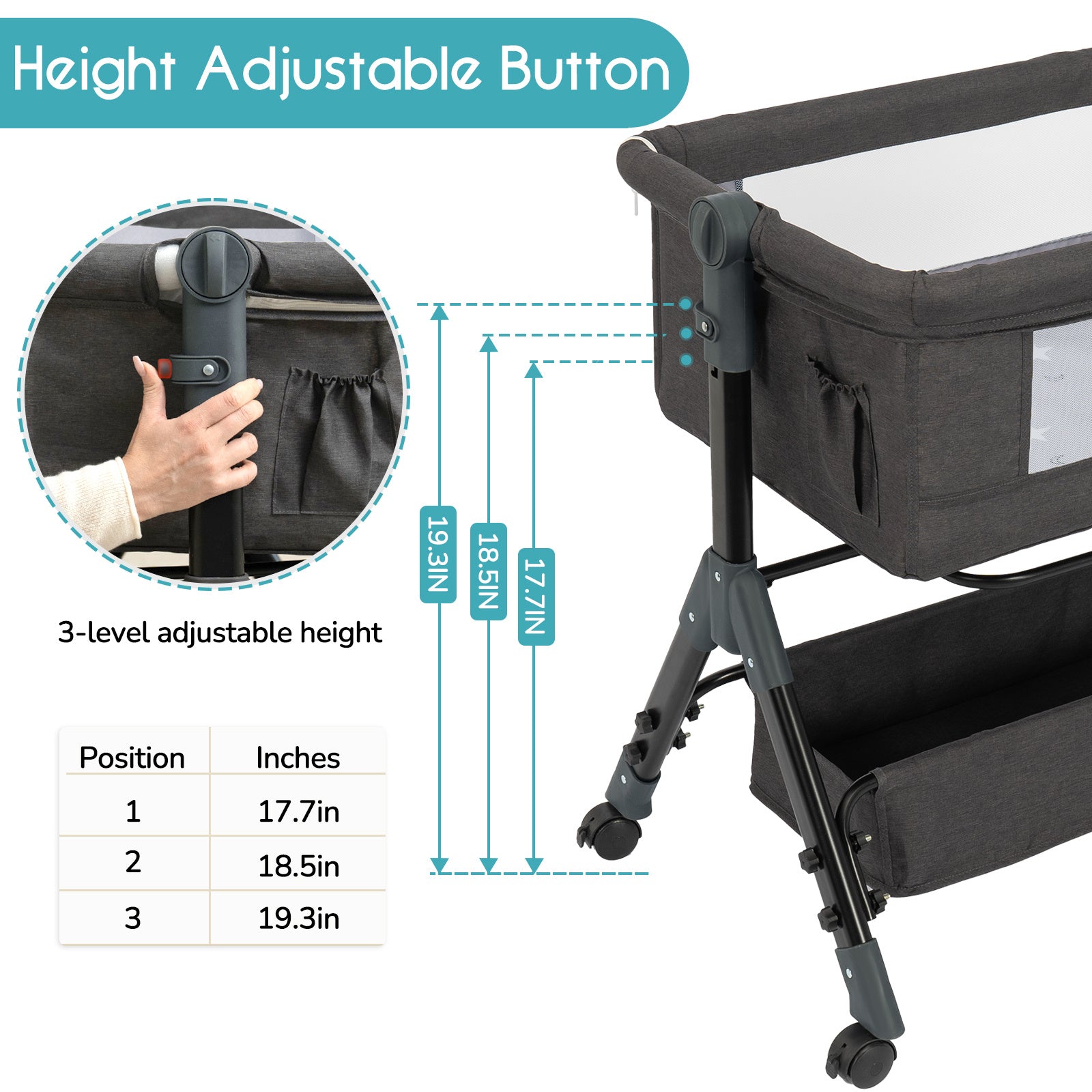 3-in-1 Crib-Side Bassinet with Wheels, Baby Christening Gift Height-adjustable crib-side bassinet featuring lockable wheels and mosquito net, with large storage bag included. Product weight: 17.61 lbs. Maximum infant weight capacity: 33 lbs.