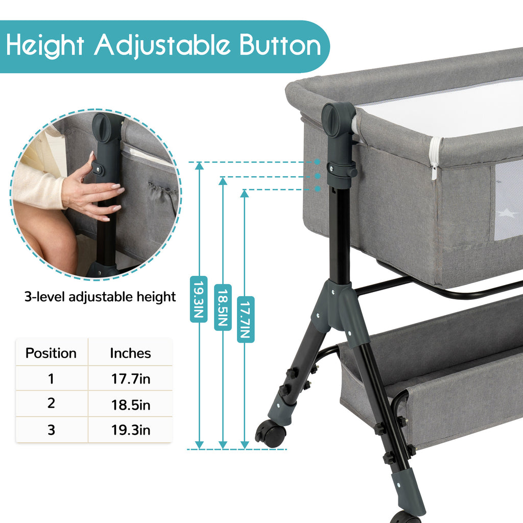 3-in-1 Crib-Side Bassinet with Wheels, Baby Christening Gift Height-adjustable crib-side bassinet featuring lockable wheels and mosquito net, with large storage bag included. Product weight: 17.61 lbs. Maximum infant weight capacity: 33 lbs.