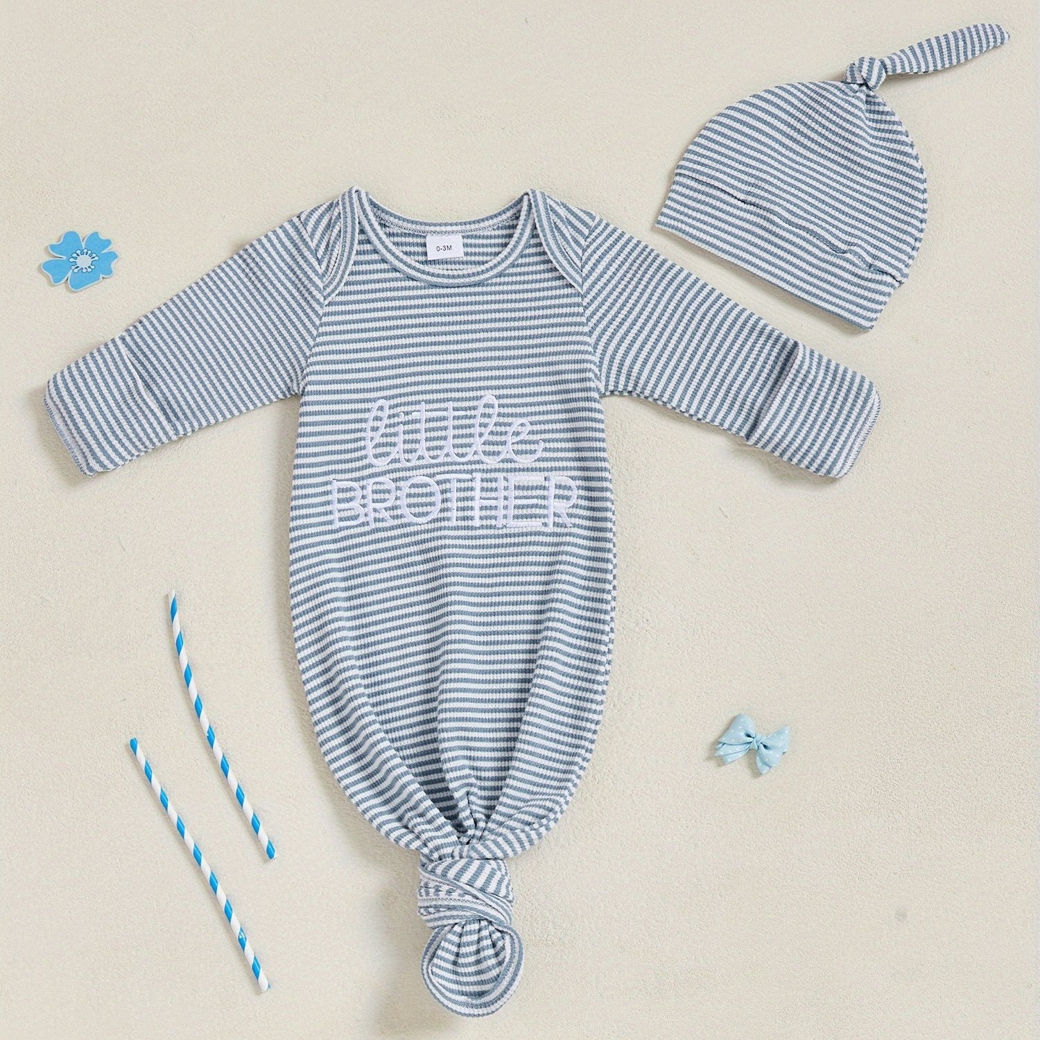 Set of 2 Striped Sleeping Bags for Newborns, Featuring Embroidered Letters And Long Sleeves, Complete with a Knotted Hat