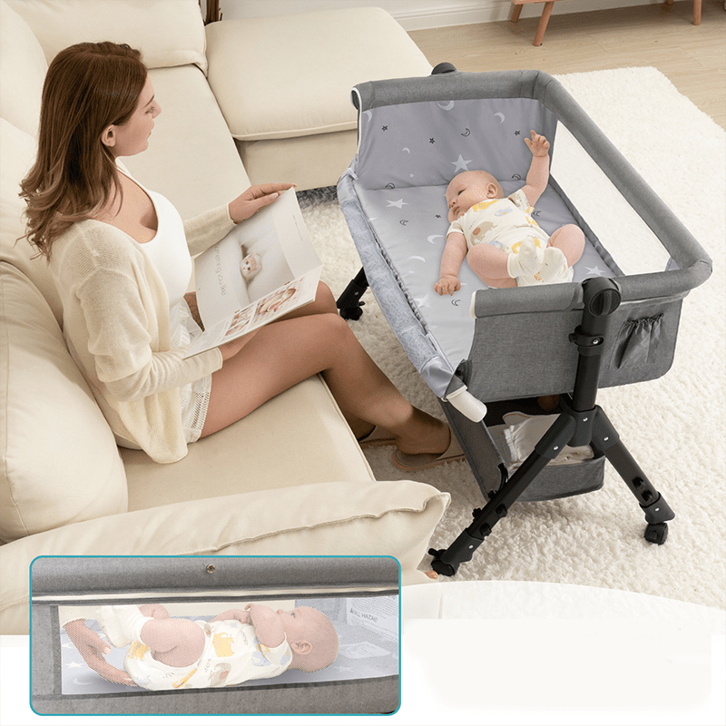 3-in-1 Crib-Side Bassinet with Wheels, Baby Christening Gift Height-adjustable crib-side bassinet featuring lockable wheels and mosquito net, with large storage bag included. Product weight: 17.61 lbs. Maximum infant weight capacity: 33 lbs.