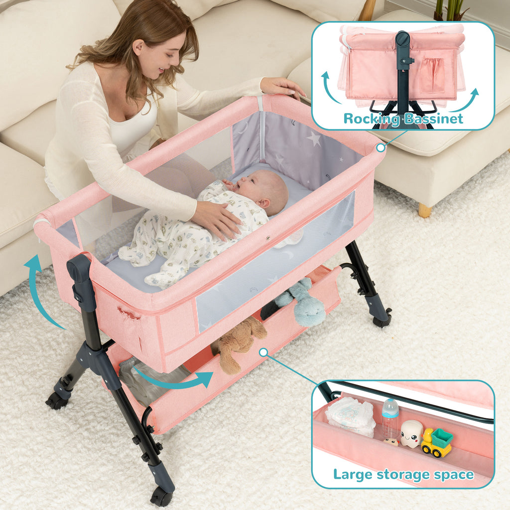 3-in-1 Crib-Side Bassinet with Wheels, Baby Christening Gift Height-adjustable crib-side bassinet featuring lockable wheels and mosquito net, with large storage bag included. Product weight: 17.61 lbs. Maximum infant weight capacity: 33 lbs.