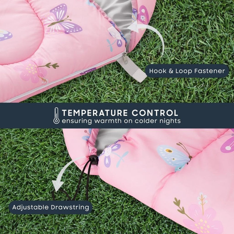 Wake In Cloud - Kids Sleeping Bag for Girls Toddlers, Camping in Warm Cold Weather, Backpacking Lightweight Compact Outdoor Liner for 3 Seasons, Butterfly Garden Flowers