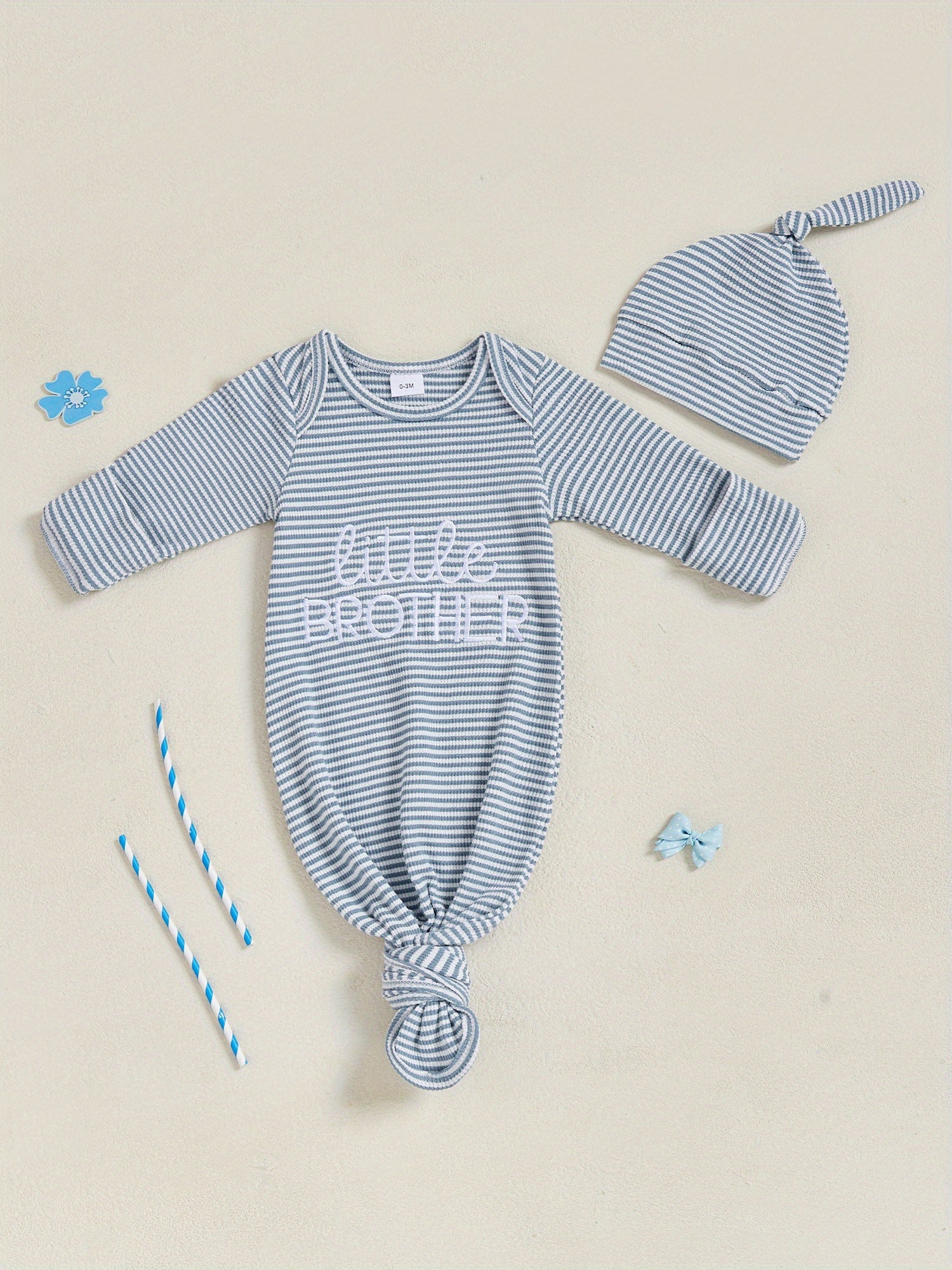 Set of 2 Striped Sleeping Bags for Newborns, Featuring Embroidered Letters And Long Sleeves, Complete with a Knotted Hat