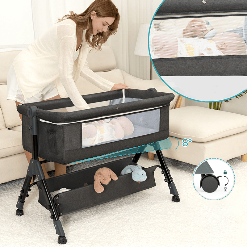 3-in-1 Crib-Side Bassinet with Wheels, Baby Christening Gift Height-adjustable crib-side bassinet featuring lockable wheels and mosquito net, with large storage bag included. Product weight: 17.61 lbs. Maximum infant weight capacity: 33 lbs.