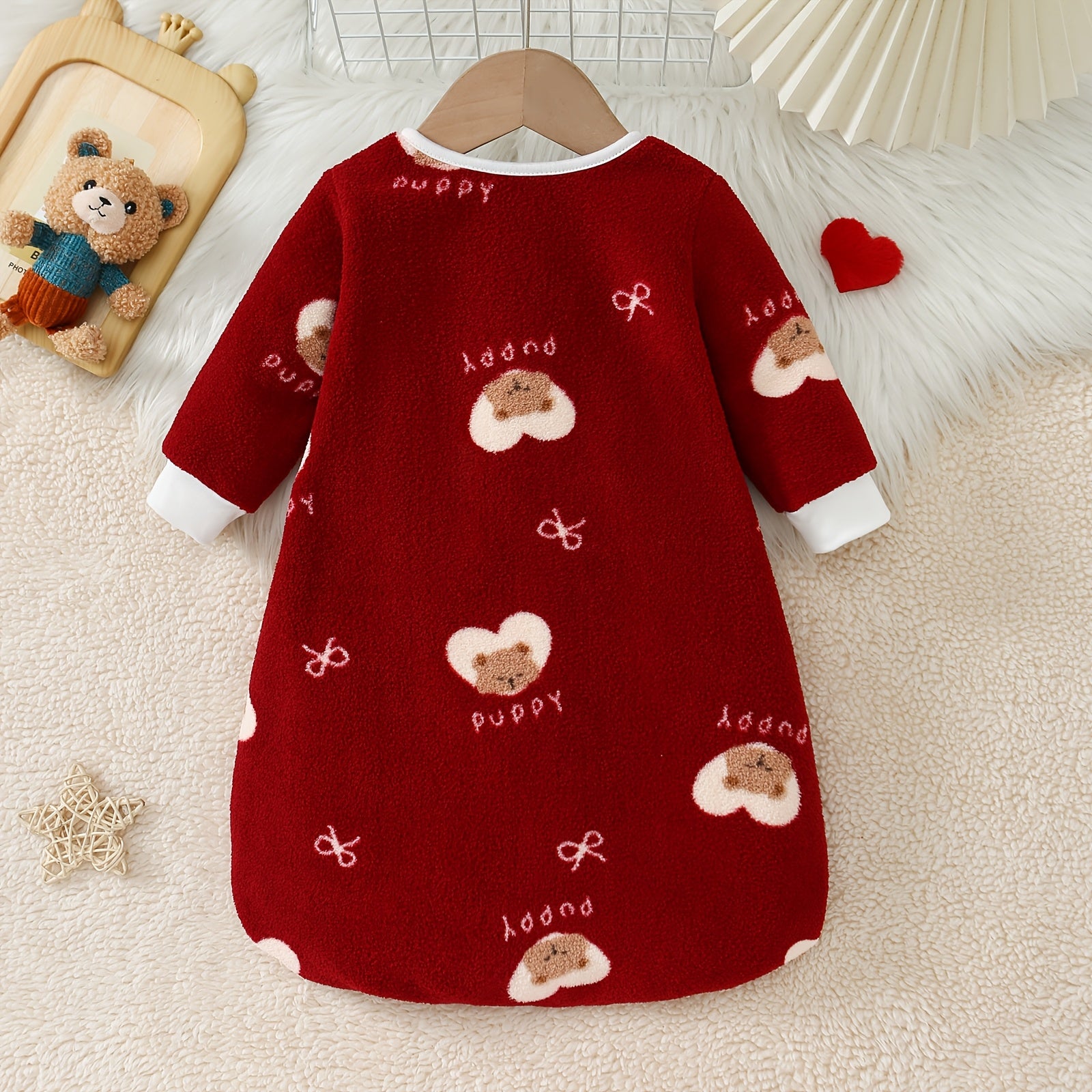 Baby Heart Bear Long Sleeve Flannel Sleep Sack with Two-Way Hidden Zipper - Kick-Proof, Warm And Soft for Autumn And Winter