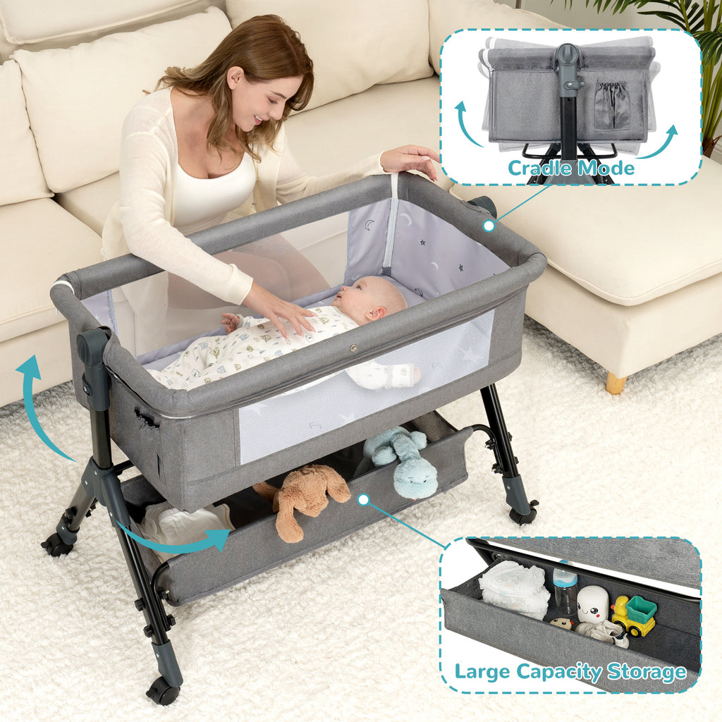 3-in-1 Crib-Side Bassinet with Wheels, Baby Christening Gift Height-adjustable crib-side bassinet featuring lockable wheels and mosquito net, with large storage bag included. Product weight: 17.61 lbs. Maximum infant weight capacity: 33 lbs.