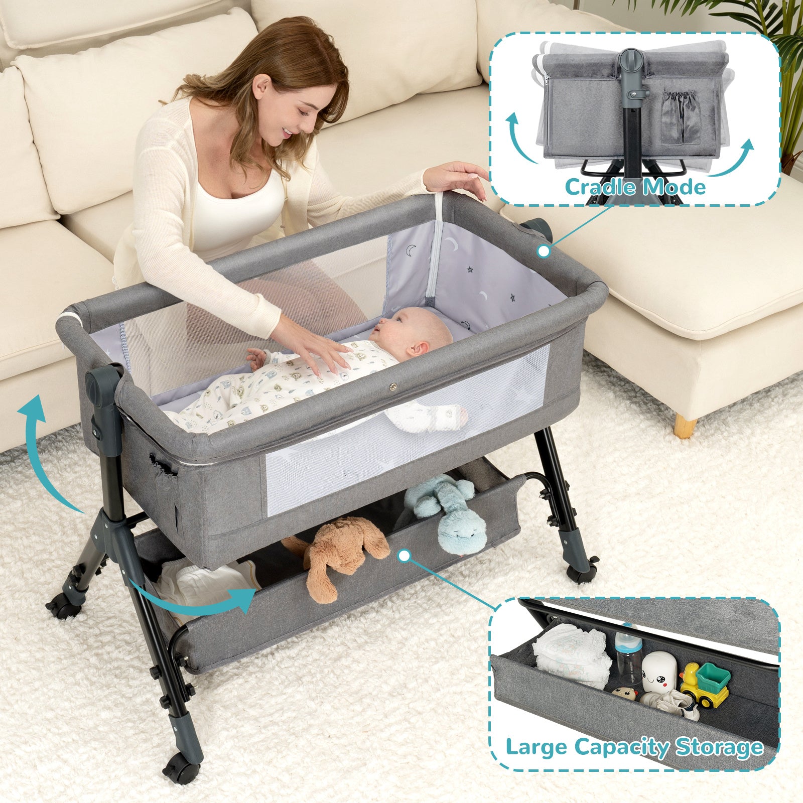 3-in-1 Crib-Side Bassinet with Wheels, Baby Christening Gift Height-adjustable crib-side bassinet featuring lockable wheels and mosquito net, with large storage bag included. Product weight: 17.61 lbs. Maximum infant weight capacity: 33 lbs.