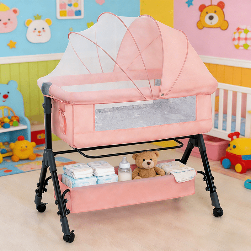 3-in-1 Crib-Side Bassinet with Wheels, Baby Christening Gift Height-adjustable crib-side bassinet featuring lockable wheels and mosquito net, with large storage bag included. Product weight: 17.61 lbs. Maximum infant weight capacity: 33 lbs.