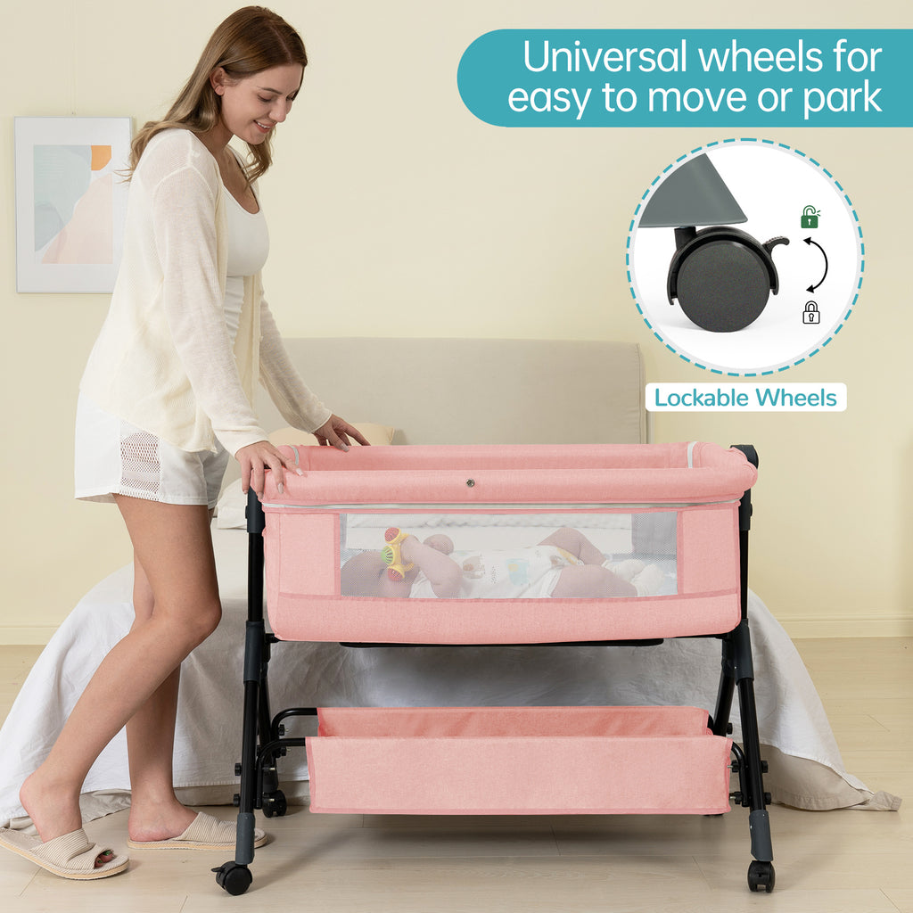 3-in-1 Crib-Side Bassinet with Wheels, Baby Christening Gift Height-adjustable crib-side bassinet featuring lockable wheels and mosquito net, with large storage bag included. Product weight: 17.61 lbs. Maximum infant weight capacity: 33 lbs.