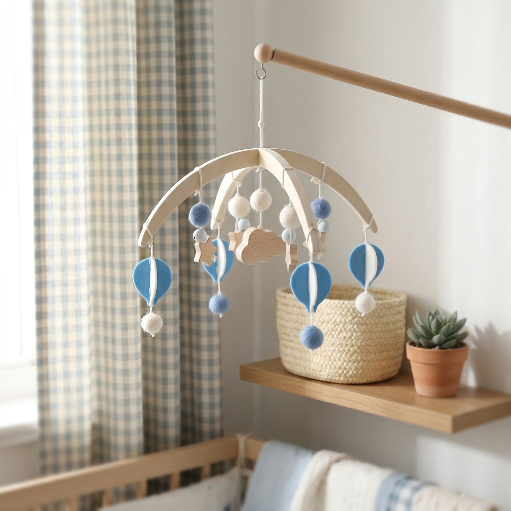 Cute Hot Air Balloon Mobile for Baby, Infant Hanging Bed Chime, Blue And White Cartoon Shaped Bed Hanger, Mobile Stand Accessory, Suitable for Nursery Decor, Christmas Halloween Birthday Gift