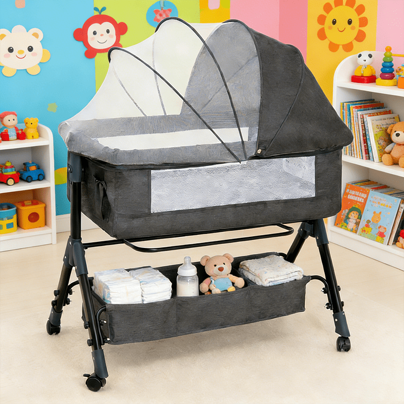 3-in-1 Crib-Side Bassinet with Wheels, Baby Christening Gift Height-adjustable crib-side bassinet featuring lockable wheels and mosquito net, with large storage bag included. Product weight: 17.61 lbs. Maximum infant weight capacity: 33 lbs.