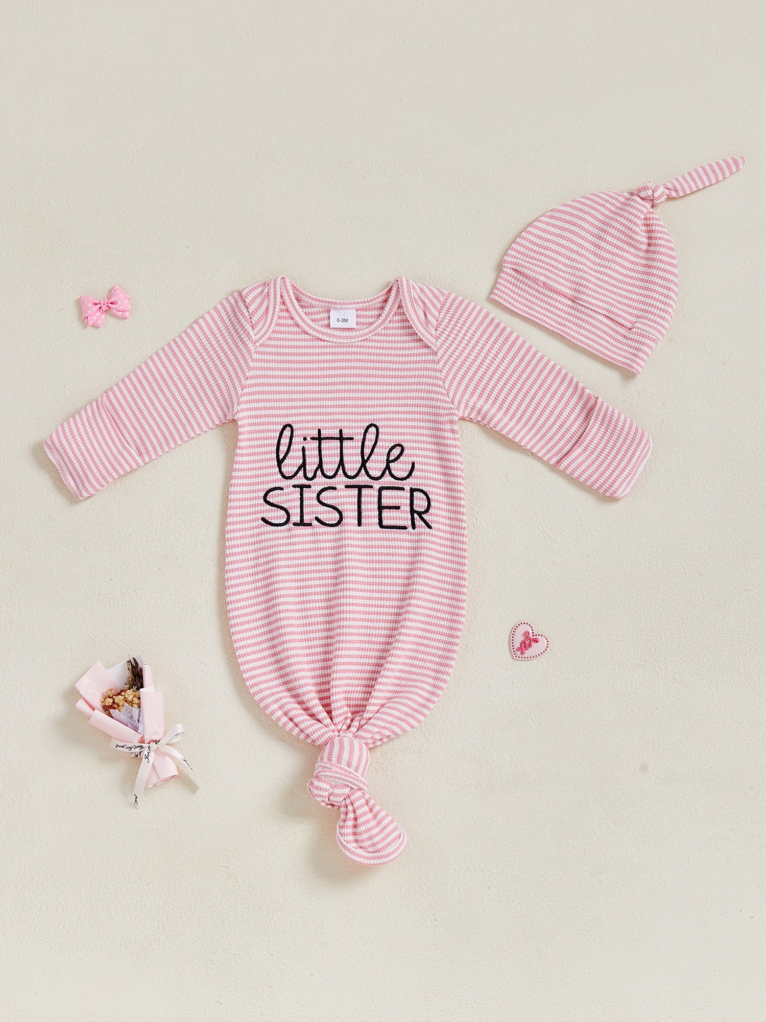 Set of 2 Striped Sleeping Bags for Newborns, Featuring Embroidered Letters And Long Sleeves, Complete with a Knotted Hat