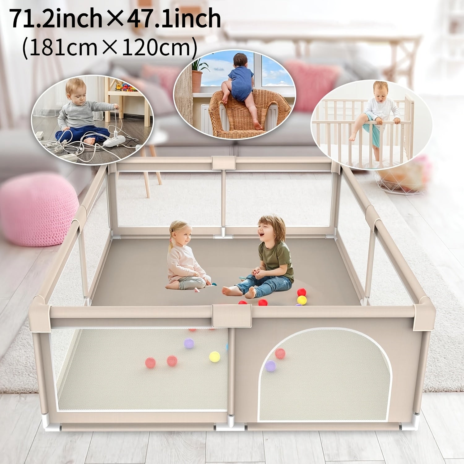 Large Size Kids Playpen With Suction Cups | Thickened Sturdy Steel Tube, Anti-Climb Design & Zipper Door, Indoor Outdoor Use, Perfect Birthday & Holiday Gift, 71.2×71.2\u002F71.2×47\u002F47×47 Inch, Grey & Colors, Modern Crib Style By