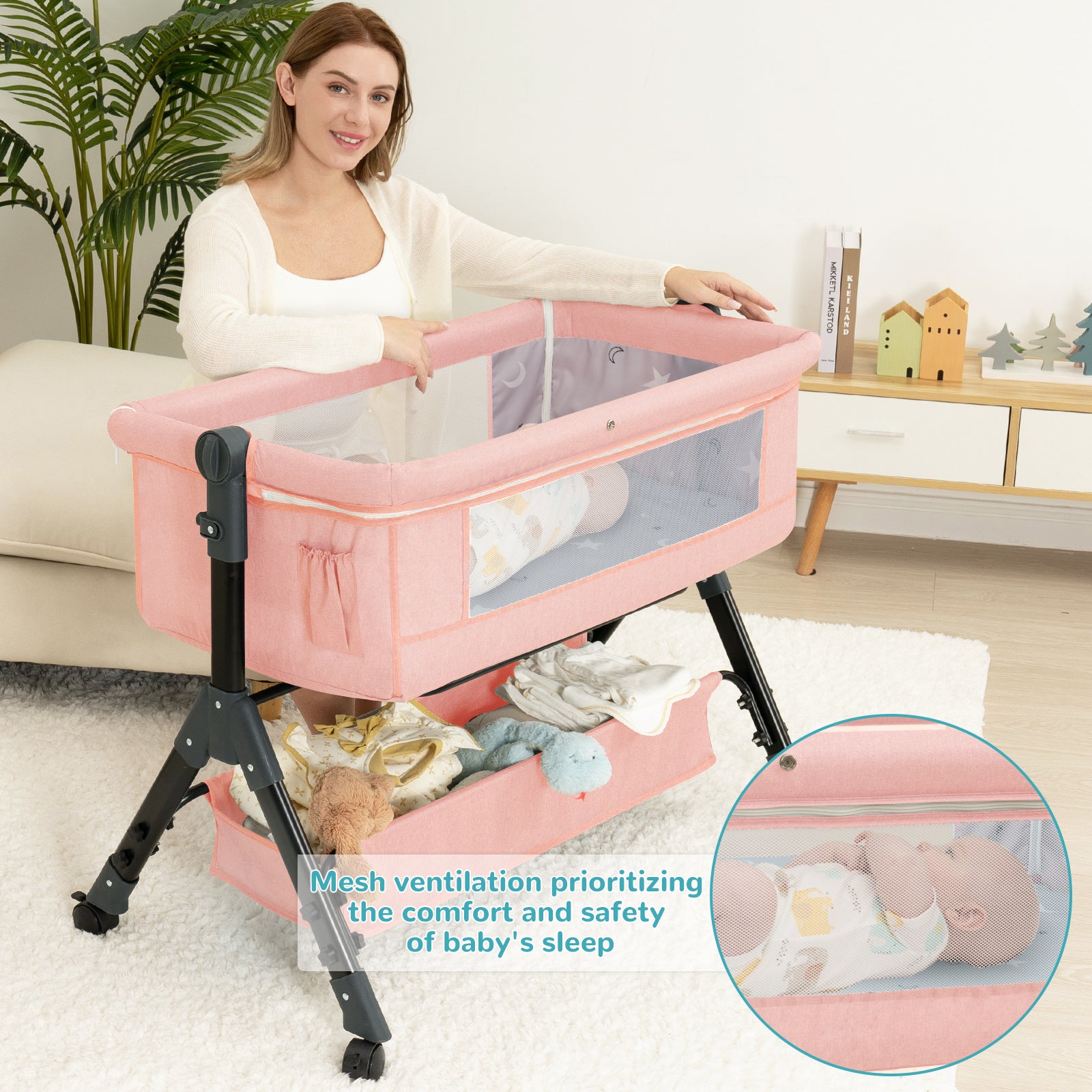 3-in-1 Crib-Side Bassinet with Wheels, Baby Christening Gift Height-adjustable crib-side bassinet featuring lockable wheels and mosquito net, with large storage bag included. Product weight: 17.61 lbs. Maximum infant weight capacity: 33 lbs.