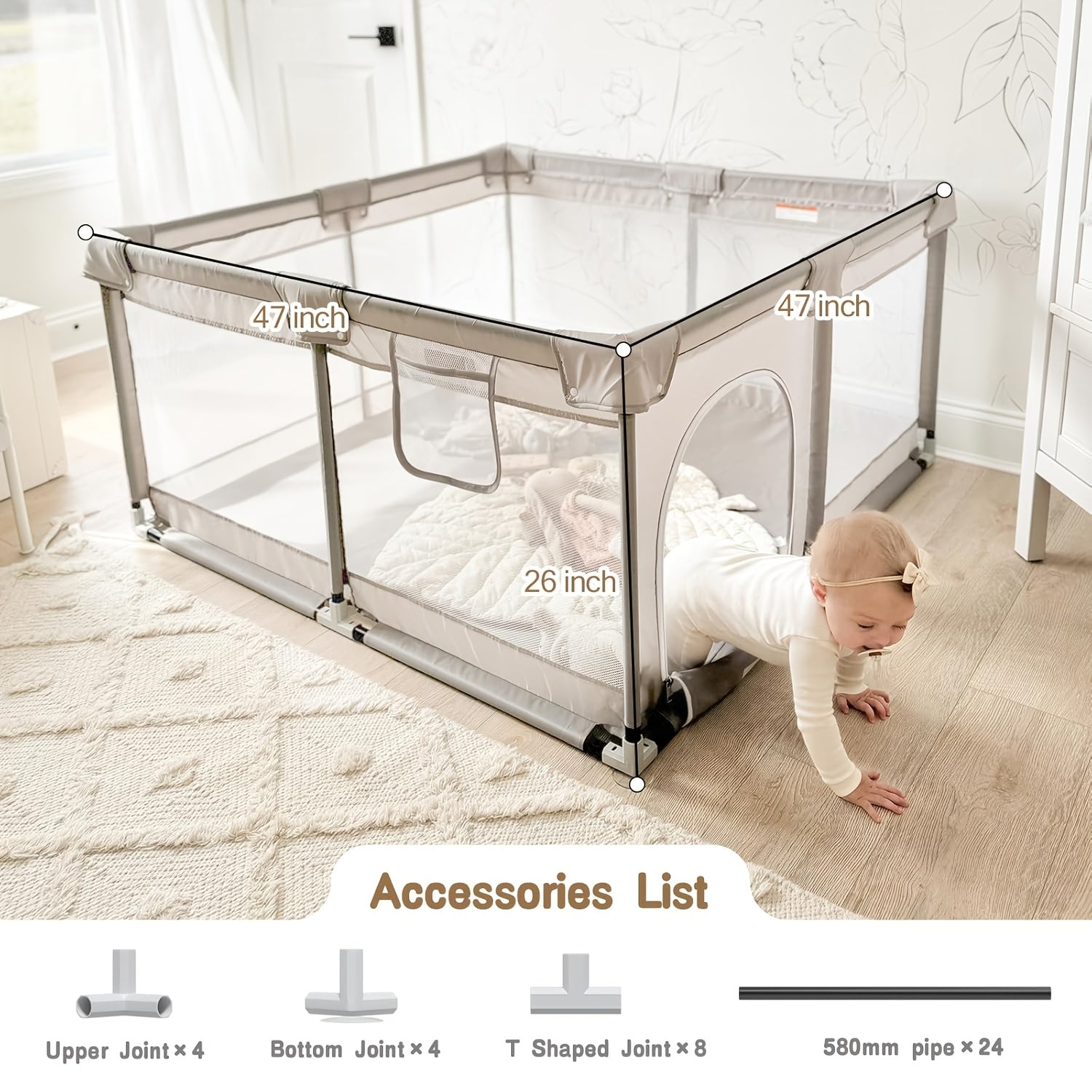 Large Size Kids Playpen With Suction Cups | Thickened Sturdy Steel Tube, Anti-Climb Design & Zipper Door, Indoor Outdoor Use, Perfect Birthday & Holiday Gift, 71.2×71.2\u002F71.2×47\u002F47×47 Inch, Grey & Colors, Modern Crib Style By