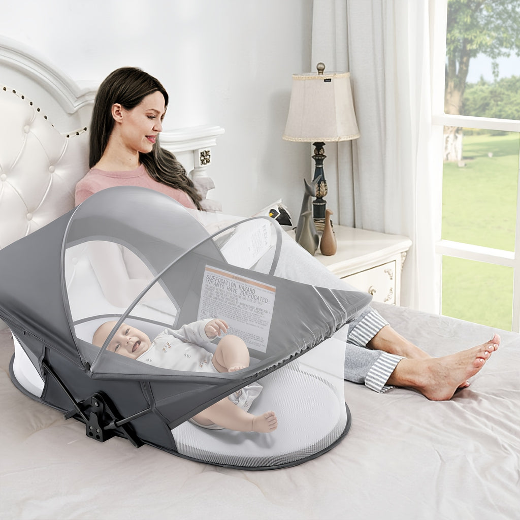 Portable Baby Travel Pod, Easy to Fold Baby Nest for Camping, Lightweight And Washable, Includes Mosquito Net And Sunshade Canopy, Travel Crib in Dark Gray
