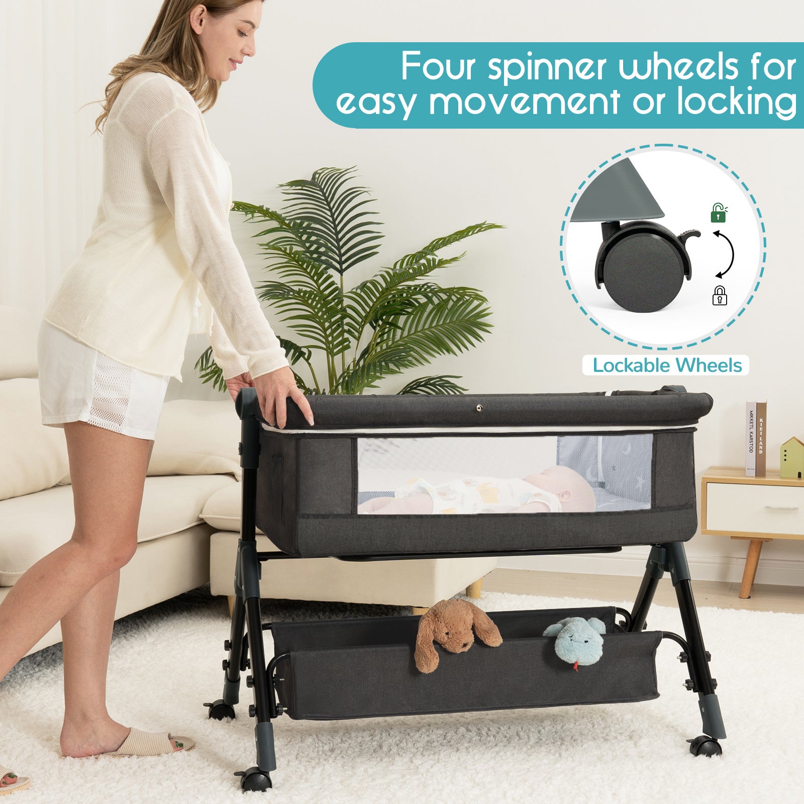 3-in-1 Crib-Side Bassinet with Wheels, Baby Christening Gift Height-adjustable crib-side bassinet featuring lockable wheels and mosquito net, with large storage bag included. Product weight: 17.61 lbs. Maximum infant weight capacity: 33 lbs.