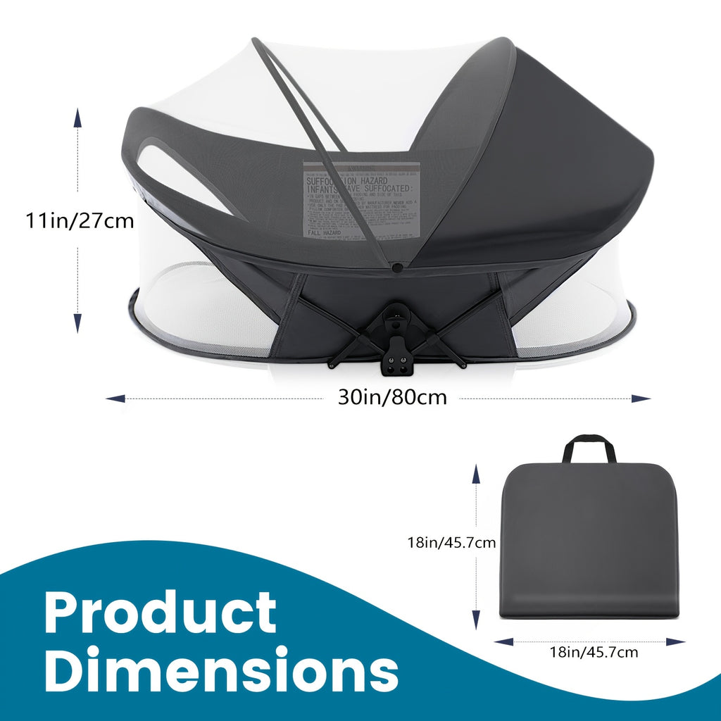 Portable Baby Travel Pod, Easy to Fold Baby Nest for Camping, Lightweight And Washable, Includes Mosquito Net And Sunshade Canopy, Travel Crib in Dark Gray