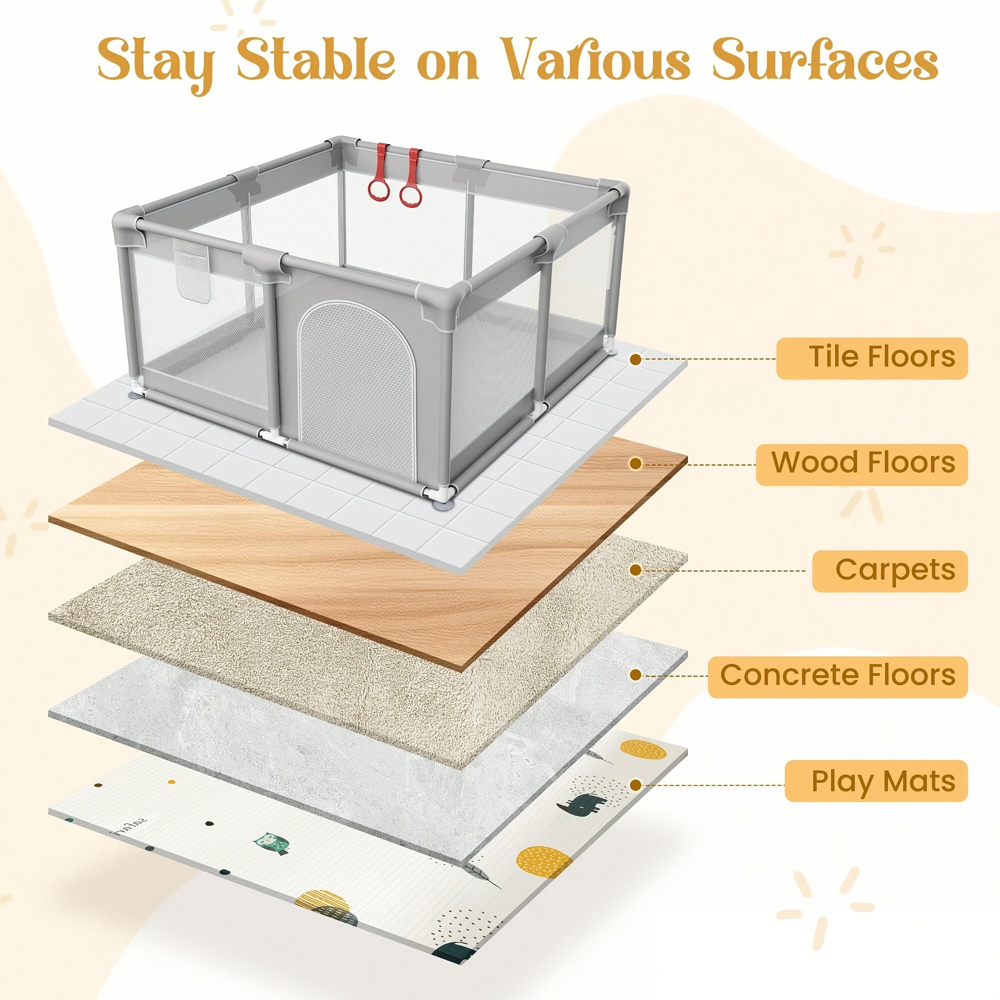 Large Size Kids Playpen With Suction Cups | Thickened Sturdy Steel Tube, Anti-Climb Design & Zipper Door, Indoor Outdoor Use, Perfect Birthday & Holiday Gift, 71.2×71.2\u002F71.2×47\u002F47×47 Inch, Grey & Colors, Modern Crib Style By