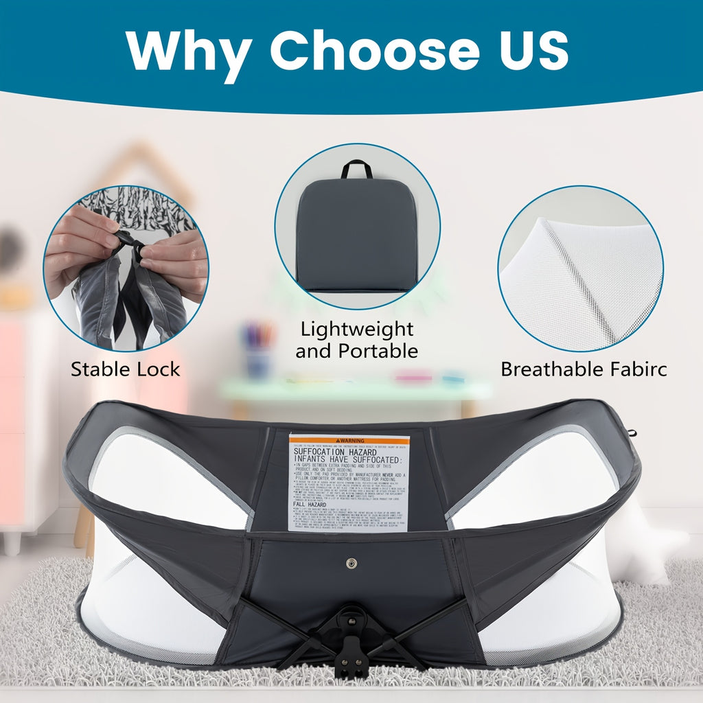 Portable Baby Travel Pod, Easy to Fold Baby Nest for Camping, Lightweight And Washable, Includes Mosquito Net And Sunshade Canopy, Travel Crib in Dark Gray