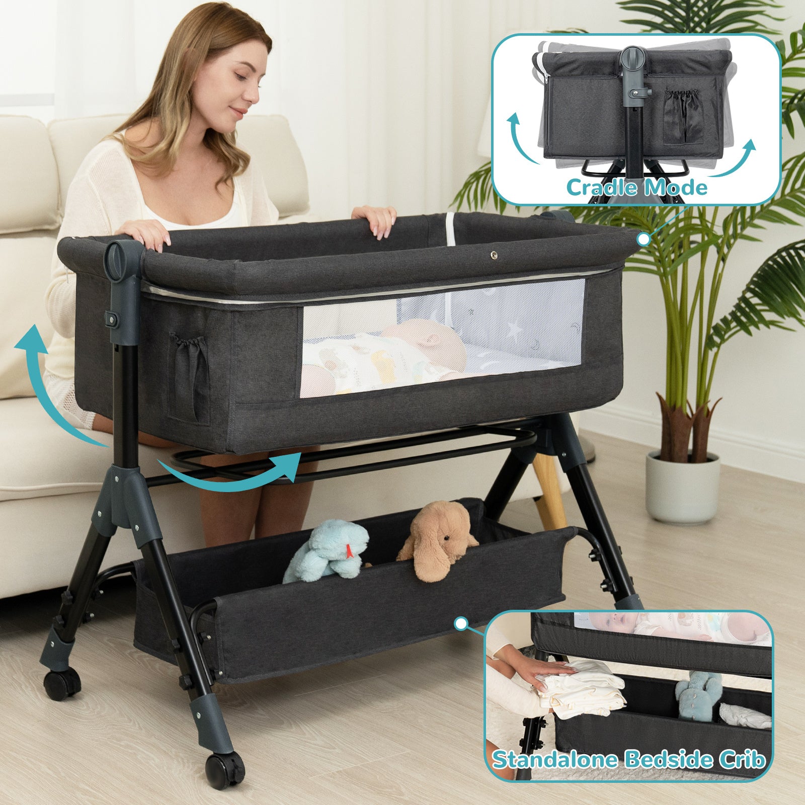 3-in-1 Crib-Side Bassinet with Wheels, Baby Christening Gift Height-adjustable crib-side bassinet featuring lockable wheels and mosquito net, with large storage bag included. Product weight: 17.61 lbs. Maximum infant weight capacity: 33 lbs.