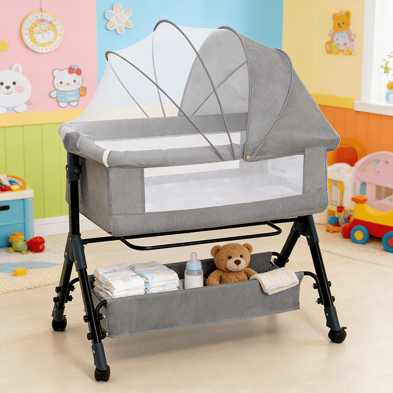 3-in-1 Crib-Side Bassinet with Wheels, Baby Christening Gift Height-adjustable crib-side bassinet featuring lockable wheels and mosquito net, with large storage bag included. Product weight: 17.61 lbs. Maximum infant weight capacity: 33 lbs.